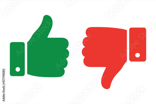 Thumbs up and thumbs down hand gesture, icons in green and red color isolated on white background for approval and disapproval concepts vector illustration

