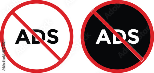 ad block icon set. No ads icon. No ad blocker icon set with red and black color. Remove advertisement logos. Ads with prohibition marks
