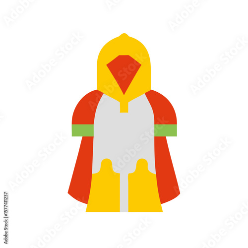 Hooded fantasy cloak icon in flat style with red and yellow