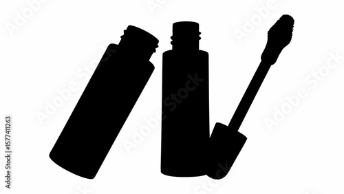 Silhouette illustration of two mascara tubes and an applicator brush on a white background view