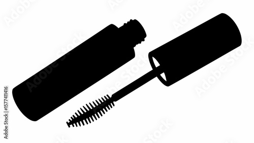 Silhouette of an open mascara tube with the brush applicator lying next to it on a white background