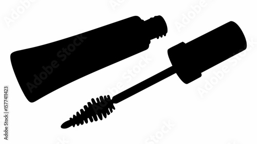 Silhouette of mascara tube and wand applicator for eyelashes and makeup application on a white background