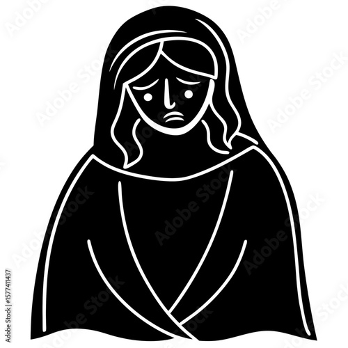 Sad mourning woman icon in black and white graphic style