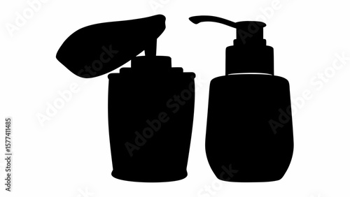 Silhouette of two cosmetic containers one with a spray nozzle and the other with a pump dispenser design