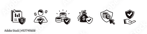 online insurance business life protection icon set financial assurance shield money accident service policy finance compensation guard signs vector illustration
