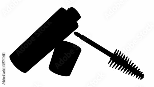 Silhouette of a mascara tube with its cap off and the brush lying beside it on a white background