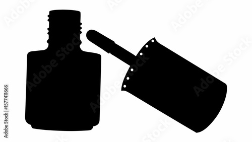 Silhouette of nail polish bottle with applicator brush resting beside it on a white background view