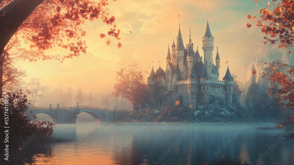 Obraz premium Enchanted Castle Surrounded by Autumn Trees and Misty Lake
