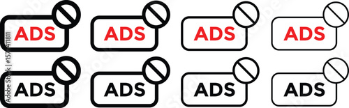ad block icon set. No ads icon. No ad blocker icon set with red and black color. Remove advertisement logos. Ads with prohibition marks
