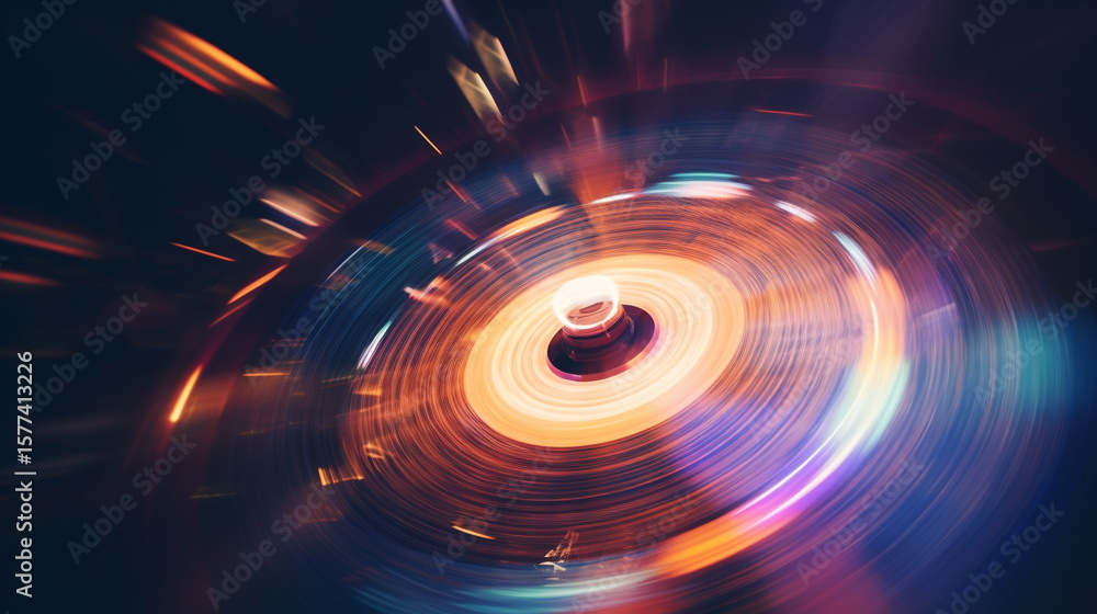 Obraz premium Abstract vortex with glowing orange and purple lights swirling in a circular motion on dark background