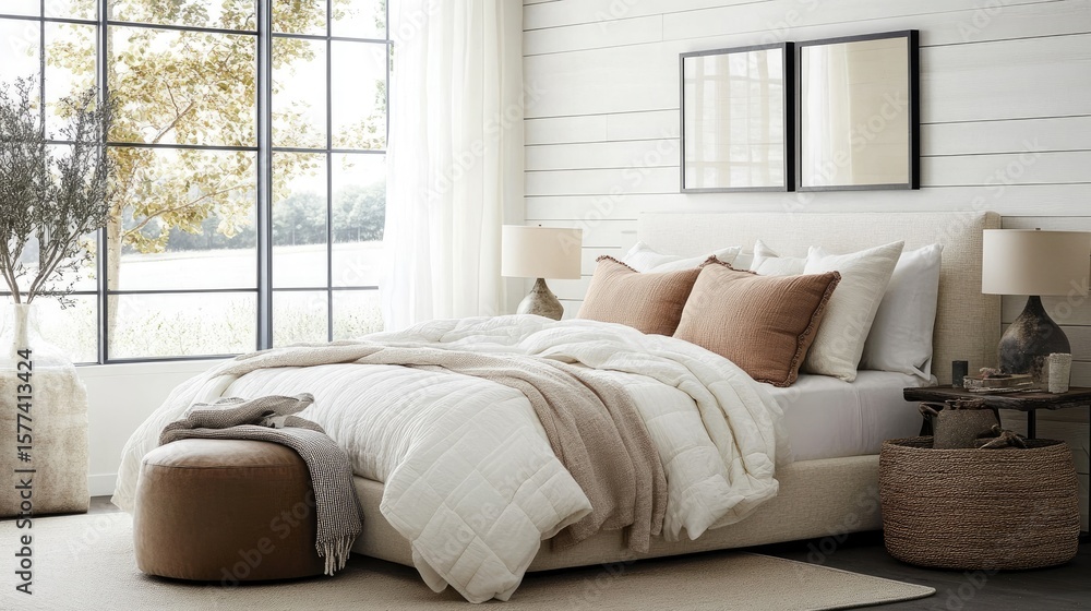 Fototapeta premium Cozy and Elegant Bedroom Interior with Natural Light and Neutral Tones