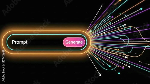 A futuristic interface shows a prompt button generating data streams, representing artificial intelligence and technological innovation