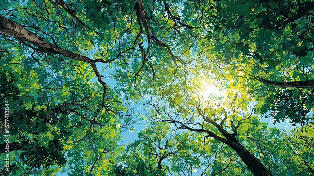 Fototapeta premium Upward view through tree canopy; light shines through leaves, piercing bright sky