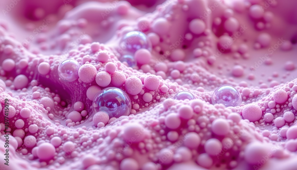 Obraz premium the image displays a vibrant, close up view of bubbles in what appears to be a pink foamy substance, this could be a soap solution or another similar material