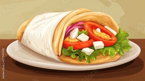 Traditional Greek Gyros Wrapped in Pita with Fresh Vegetables