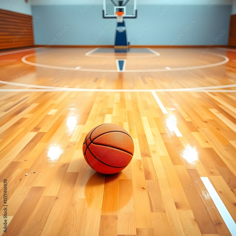 Naklejka premium 실내 농구장 바닥에 놓인 농구공a basketball on the floor of an indoor basketball court