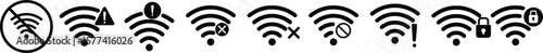 Wifi and wireless problem icon or no wifi icon set. No internet access crossed out symbol. wifi signal with a prohibition symbol. representing no internet connection. 
