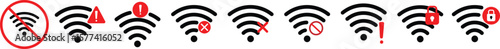 Wifi and wireless problem icon or no wifi icon set. No internet access crossed out symbol. wifi signal with a prohibition symbol. representing no internet connection. 
