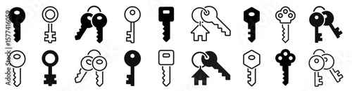 Key icon set. Vintage key, access, security, old key silhouette, password, house key - stock vector.