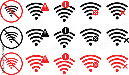 Wifi and wireless problem icon or no wifi icon set. No internet access crossed out symbol. wifi signal with a prohibition symbol. representing no internet connection. 

