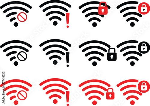 Wifi and wireless problem icon or no wifi icon set. No internet access crossed out symbol. wifi signal with a prohibition symbol. representing no internet connection. 

