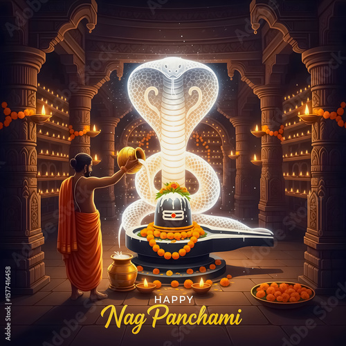 Devotee performs ritual for nag panchami with divine cobra and shiva lingam