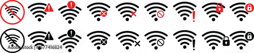 Wifi and wireless problem icon or no wifi icon set. No internet access crossed out symbol. wifi signal with a prohibition symbol. representing no internet connection. 
