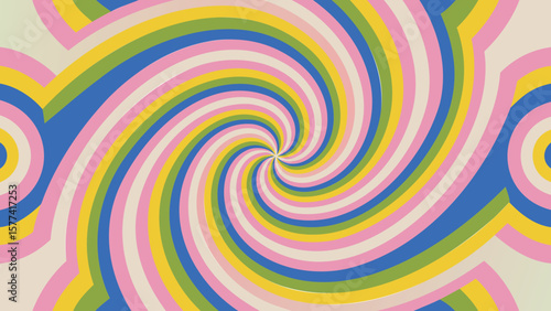 Colorful spiral pattern with pink white yellow blue and green bands radiating from the center point