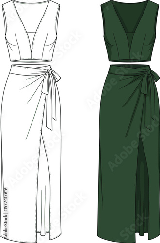 Women's Two-Piece Outfit Flat Sketch, Crop Top and Tie-Waist Maxi Skirt Apparel Template, Fashion Design Vector, Summer Resort Wear Illustration, Elegant Female Clothing Mockup.
