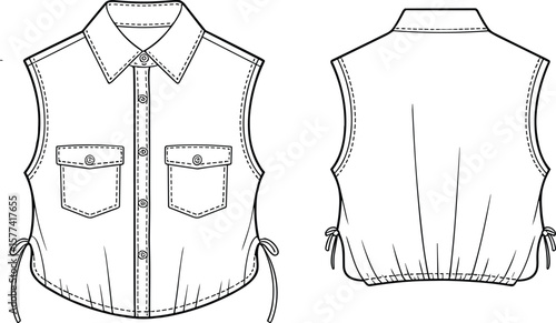 Women's Cropped Sleeveless Shirt Flat Sketch Design, Collared Top Apparel Template, Utility Style Blouse Drawing, Drawstring Hem Fashion Illustration, Modern Female Garment Vector.