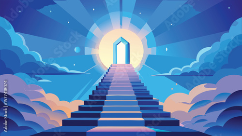 A stairway to the heavens through clouds leading to a bright gateway silhouette