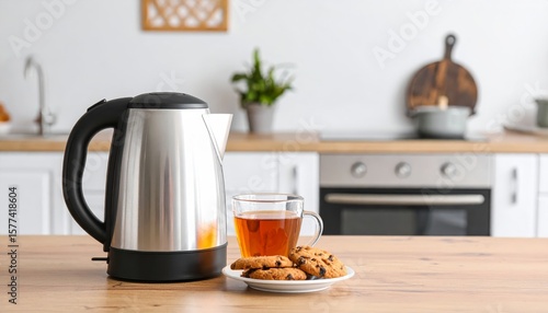 Modern electric kettle with glass cup of hot tea and sweet cookies on wooden table in kitchen