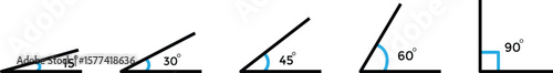 Set of acute and right angles of triangle. Various angles 15, 30, 45, 60, 75, 90, 105, 120, 135, 150, 180 degree icon set. geometry and trigonometry
