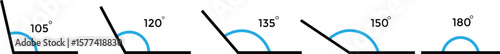 Set of acute and right angles of triangle. Various angles 15, 30, 45, 60, 75, 90, 105, 120, 135, 150, 180 degree icon set. geometry and trigonometry
