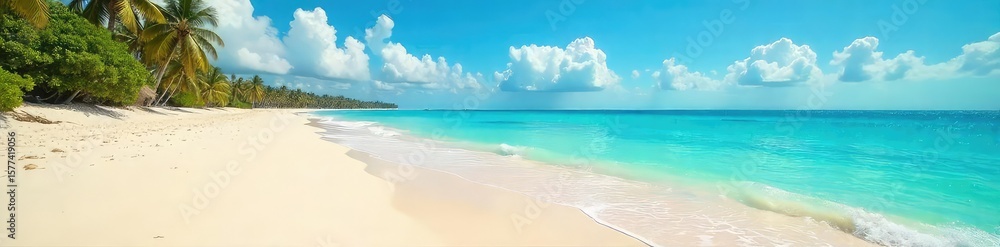 Obraz premium Endless expanse of golden sand meeting the tranquil turquoise ocean, a breathtaking horizontal vista of a pristine beach paradise , beach, texture, bright