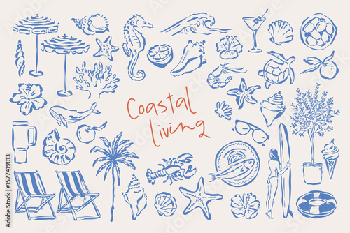 Coastal living hand drawn illustration collection. Travel doodles. Art for postcards, menu, print posters, packaging design.
