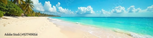 Endless expanse of golden sand meeting the tranquil turquoise ocean, a breathtaking horizontal vista of a pristine beach paradise , beach, texture, bright