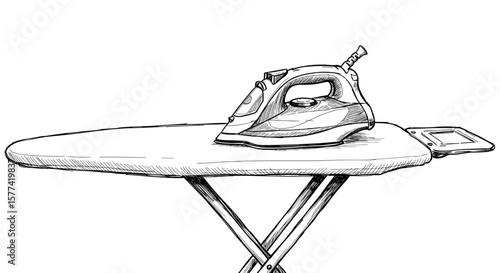 Vintage ink sketch of ironing board with iron - hand drawn black and white vector illustration engraving svg