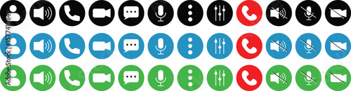 Video call buttons set.  Videocall Icon. Collection of internet conversation buttons. Video chat concept. Avatar, video call, handset, speaker, message, and mute buttons. Vector icons.
