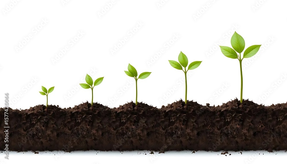 Naklejka premium Young plants growing in rich soil, illustrating stages of development from seed to sprout.