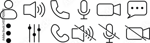 Video call buttons set.  Videocall Icon. Collection of internet conversation buttons. Video chat concept. Avatar, video call, handset, speaker, message, and mute buttons. Vector icons.
