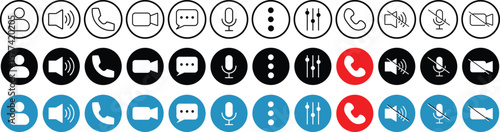 Video call buttons set.  Videocall Icon. Collection of internet conversation buttons. Video chat concept. Avatar, video call, handset, speaker, message, and mute buttons. Vector icons.
