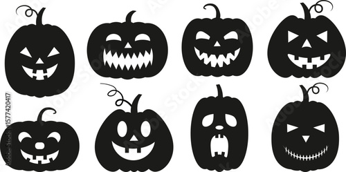Set of isolated black halloween pumpkins. Vector illustration of pumpkin shadows with faces.
