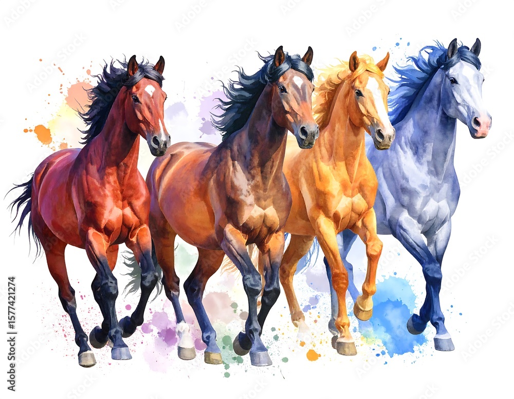 Fototapeta premium Four galloping horses in vibrant colors, watercolor style