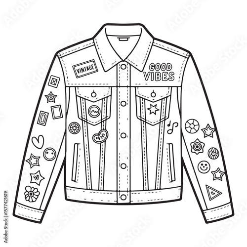 Outline of a denim jacket decorated with various patches