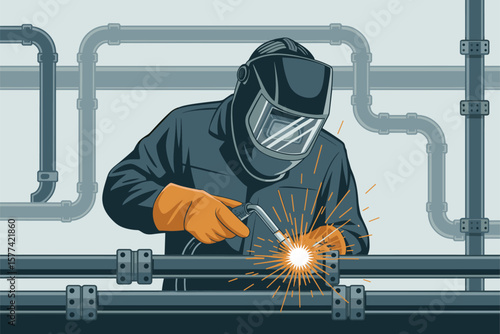 Skilled welder in protective gear meticulously welds pipes in industrial setting with sparks flying, flat vector illustration
