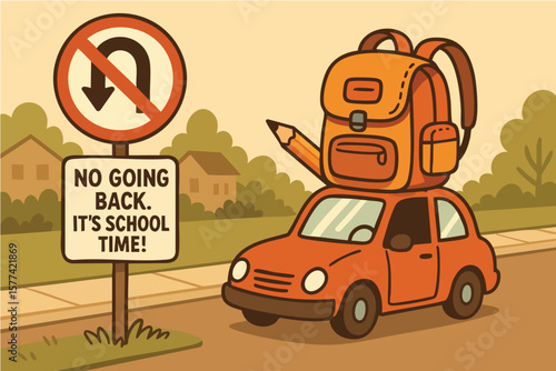 No Going Back – Funny School Commute Cartoon Illustration. Ideal for back-to-school campaigns, social media, or fun classroom decorations.