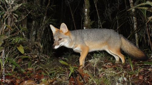 Gray fox in the rainforest at night
