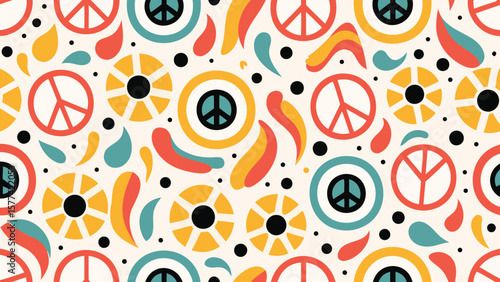 Retro pattern featuring peace symbols, floral designs, and abstract shapes in vibrant colors