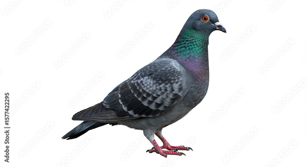 Naklejka premium Realistic isolated pigeon on white background showing colorful neck feathers details